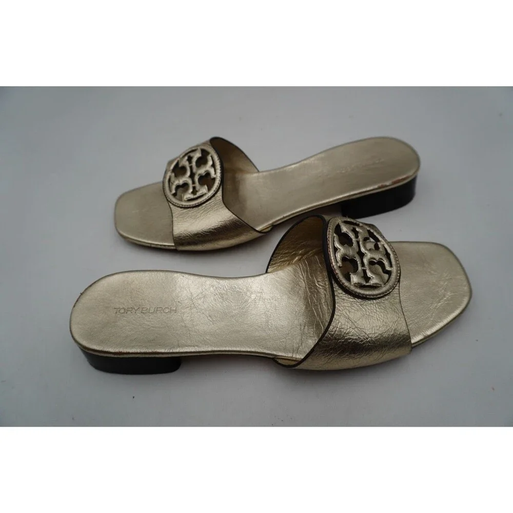 Tory Burch Miller Bombe Double T Logo Mule Sandals Gold Leather Women's Size 8.5